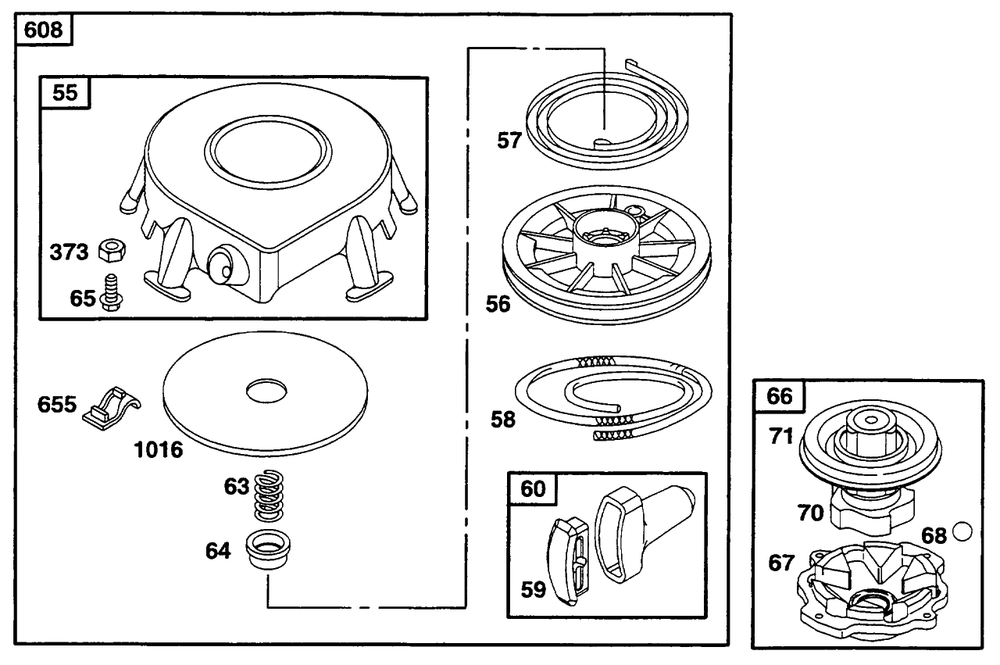 Rewind Starter Diagram and Parts List for 254707-0138-XX  Briggs and Stratton Engine